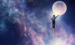 Man standing on ladder and reaching starry sky. Mixed media